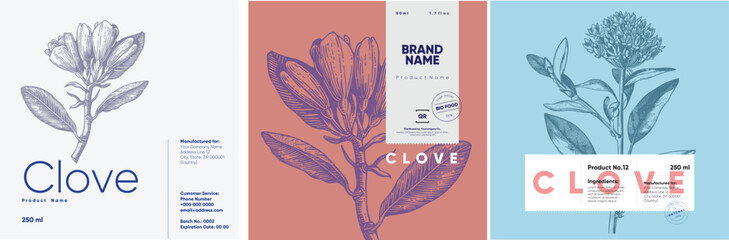 A collection of three artistic labels featuring detailed engravings of clove plants, rendered in soft, muted tones with bold typography.