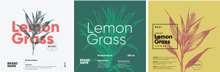 Three labels for lemongrass products, illustrated in engraving style, displaying the plant in muted green, red, and yellow hues with bold typography.