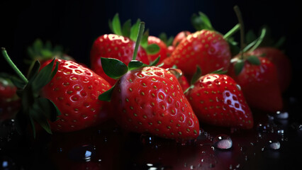 Canvas Print - Fresh Strawberries with Water Droplets on a Black Background

