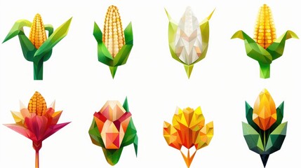 Wall Mural - A collection of 9 geometric corn icons, featuring abstract representations of corn in different shapes and patterns, set against a white background