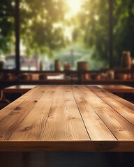 empty wooden table in cozy cafe setting blurred background