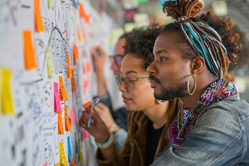 A diverse team in a creative brainstorming session, using sticky notes and sketching ideas on a large board, captured in the style of Documentary Photography