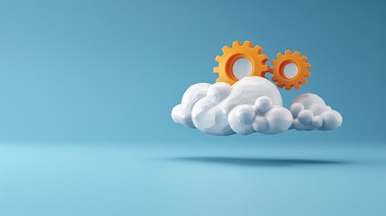 Cloud computing concept with orange gear cogs floating on fluffy white clouds against a blue background, representing technology integration.