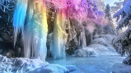 Stunning winter landscape with colorful icicles, frozen waterfall, and snow-covered trees in a serene and magical forest setting.