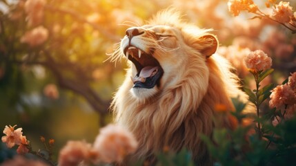 Portrait of happy lion rejoice with spring.