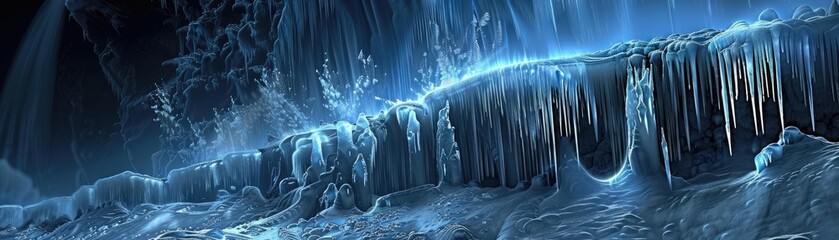 A mystical, icy landscape with large icicles and frosted formations, illuminated by an ethereal blue light, showcasing the beauty of winter.