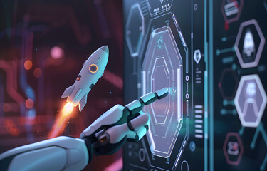 Wall Mural - a robot ai touching rocket launch icon on virtual screen with hexagon and different icons for busine