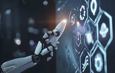 Wall Mural - a robot ai touching rocket launch icon on virtual screen with hexagon and different icons for busine