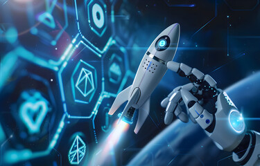 Wall Mural - a robot ai touching rocket launch icon on virtual screen with hexagon and different icons for busine