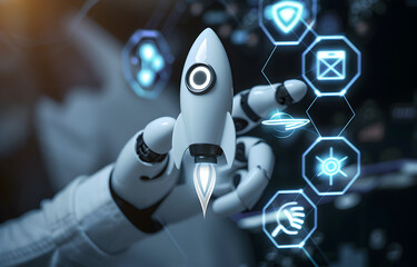 Wall Mural - a robot ai touching rocket launch icon on virtual screen with hexagon and different icons for busine