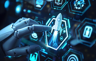 Wall Mural - a robot ai touching rocket launch icon on virtual screen with hexagon and different icons for busine