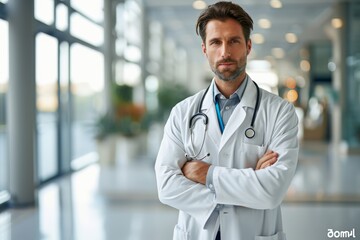 Wall Mural - Doctor Man With Stethoscope In Hospital Background and blur background, AI-generated