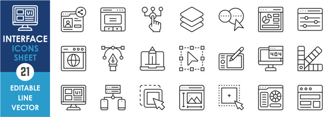 Poster - A set of line icons related to interface. Digital interface, ui, ux, design, website, creativity and so on. Vector outline icons set.