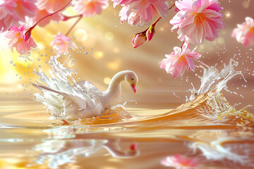 floating white swan in a flower garden