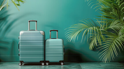 Two blue suitcases and palm leaves on turquoise background.