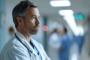 Wall Mural - Doctor Man With Stethoscope In Hospital Background and blur background, AI-generated