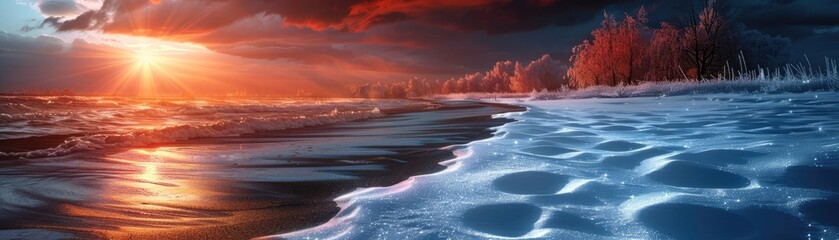 Stunning winter sunset over a frozen beach with snow-covered dunes and colorful sky, creating a serene and picturesque coastline scenery.