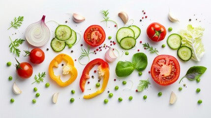 Poster - Vibrant summer vegetable medley: fresh tomatoes, onion, cucumber, peas, garlic, cabbage, peppers, and radish arranged artfully on white background - food concept