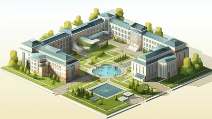 Vector isometric view of a modern university campus with a central courtyard and green spaces