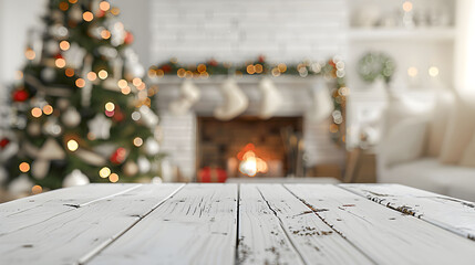 Wall Mural - Empty wooden deck table on blurred white Christmas background with tree and fireplace. Backdrop for mockup and promotion design.