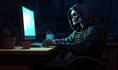 A skeleton hacker sitting at the computer