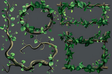 Wall Mural - Jungle liana vine - long branches and circle and square frame with green creeping plant and leaves. Cartoon vector illustration set of game ui design borders