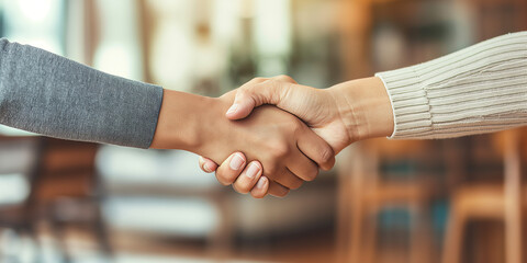 A close-up of two hands engaging in a handshake against a blurred, well-lit background, signifying agreement or collaboration in a comfortable environment.