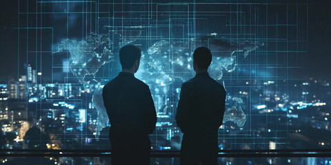 Two men are observing a blue-toned digital world map on a large screen with a modern cityscape in the background, indicating global communication and technology influence.