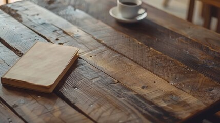 Poster - Wooden table with a notebook and a cup of coffee