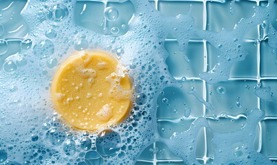 A round piece of yellow laundry soap with soap foam on a background of light blue tiles, top view. Mockup for design