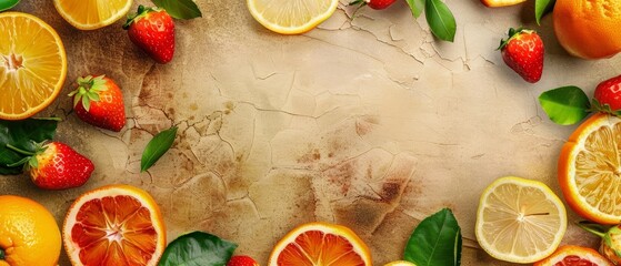 Wall Mural - Vibrant fruity design featuring citrus leaves and fresh strawberries with ample copy space for text or design elements