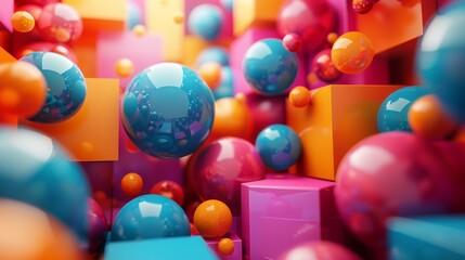 Poster - Vibrant Geometric Play - Three-Dimensional Colorful Spheres and Cubes in Dynamic Motion