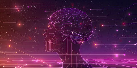 Canvas Print - illustration graphic of a digital brain with human head outline on circuit board with led light, purple background 