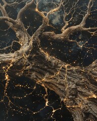 Wall Mural - A tree with golden leaves and branches is lit up with lights