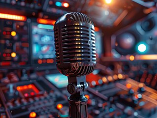 Wall Mural - Microphone set on a space station with stars, planets, and futuristic controls in the background