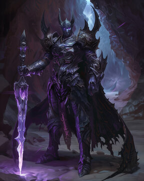 scary looking warrior with glowing enchanted greatsword, wearing a spiky fullplate mail armor and a cloak, guarding a cave tunnel passage