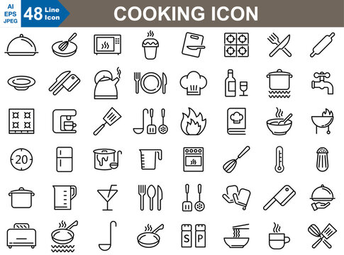 cooking outline Icons set vector illustrator. Frying Pan, Blender, Fish, Chef Hat, Knife, Spoon, Spatula, and more. 