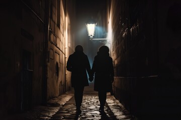 Wall Mural - two women walking in the dark alleyway at night - night - night stock videos royalty-free footage