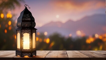  glowing lantern sits on a wooden table outdoors. 
