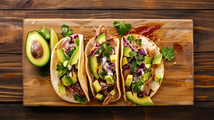 Poster - Vibrant mexican street tacos flat lay: succulent pork carnitas, fresh avocado, onion, cilantro, and crisp red cabbage arrangement