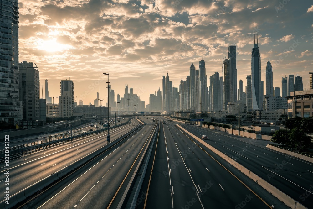 Empty highways and urban skylines, A photo of Empty asphalt road and modern city, AI generated