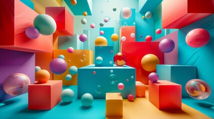 Poster - Dynamic Cubes and Spheres: Playful 3D Geometric Shapes in Vibrant Colors Photography