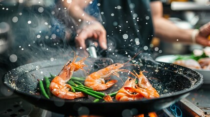 Wall Mural - Professional chef preparing fresh shrimp with sprig beans in frosty air – healthy seafood and vegetarian dish