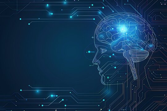 illustration graphic of a digital brain with human head outline on circuit board with led light, dark blue background 