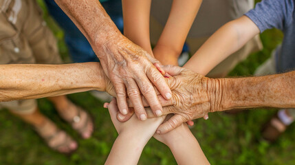 A close-up of a family holding hands in a circle, with their hands intertwined and different generations visible.