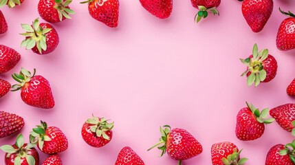 Poster - Vibrant strawberry pattern on pink background with blank frame for text - creative food concept, flat lay composition with copy space, top view