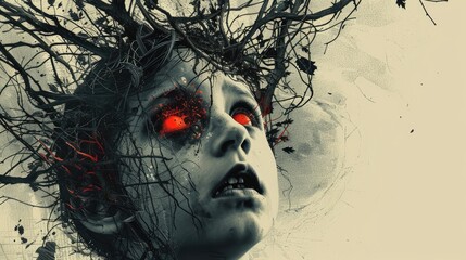 A child's head in a surrealistic, vintage style poster filled with nightmare elements like tangled thorns, shadowy hands, and glowing red eyes