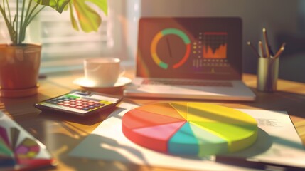 Poster - A colorful pie chart on an office desk with a laptop, calculator, coffee cup, and plant, bathed in warm sunlight.
