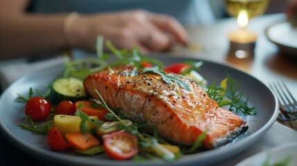 Wall Mural - a plate of salmon with vegetables and herbs.