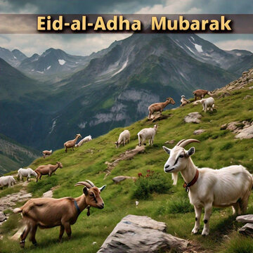 Qurban in Eid Al Adha Mubarak with Mosque, Stars and Lanterns as Background.